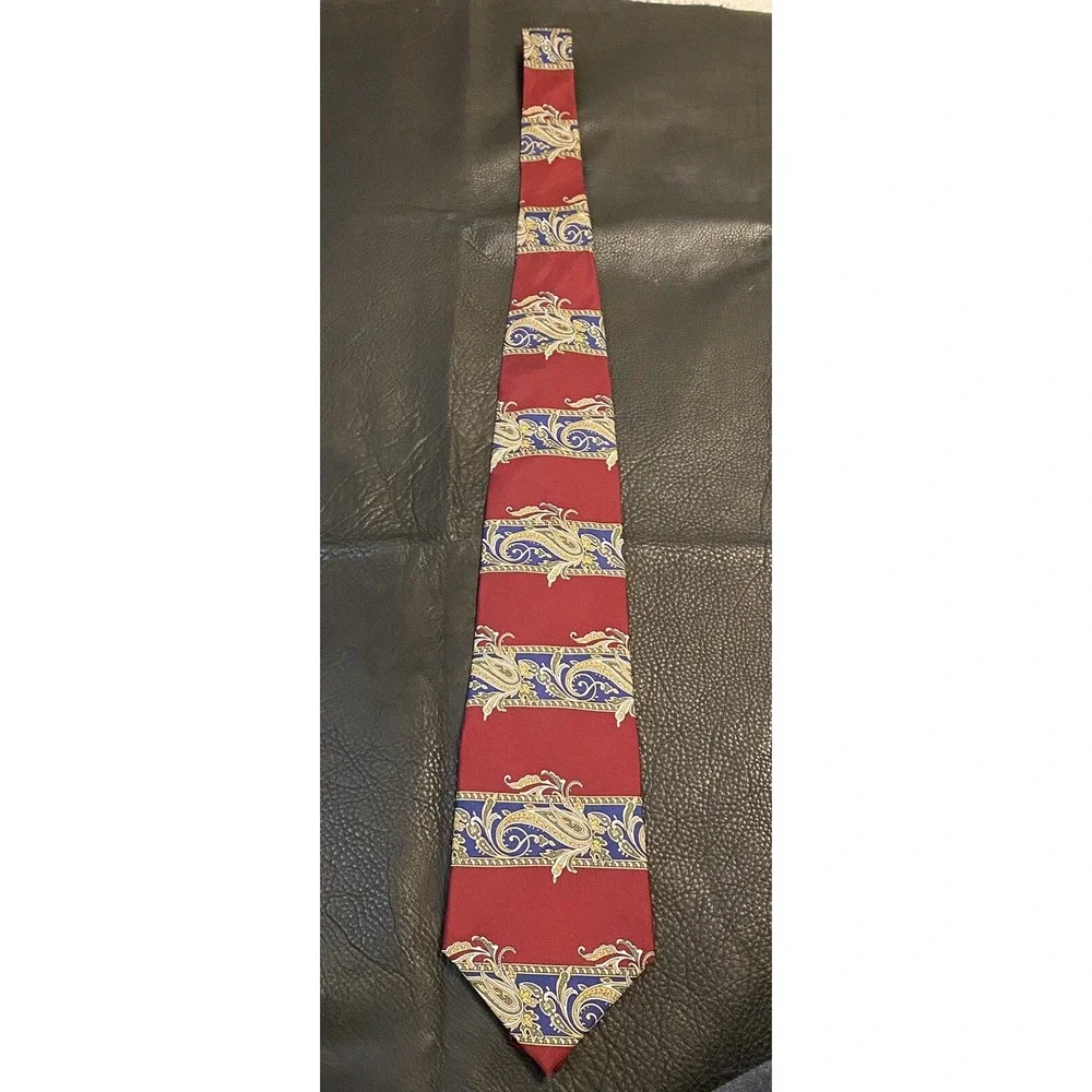 Mens Stanford Geometric Maroon Tan Blue Neck Silk Tie 56